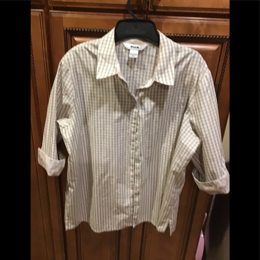 ALIA Taupe /White Gingham Plaid Check Shirt Top Women's Size 18w 3/4 Sleeve EUC